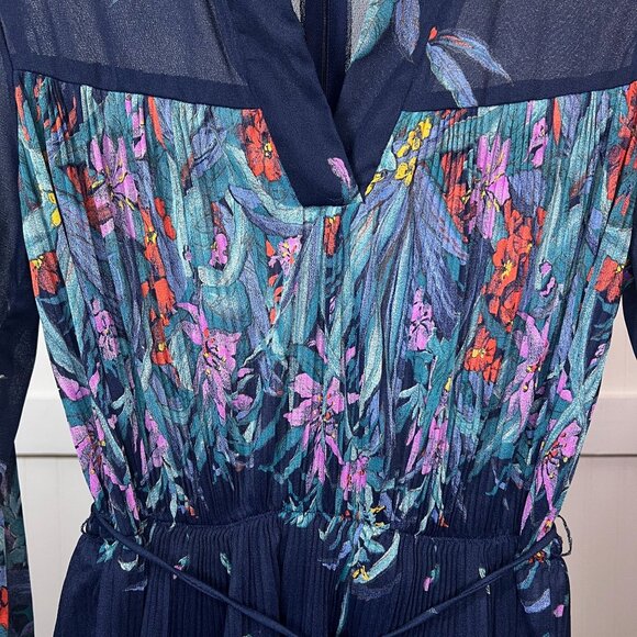 Vintage 70s Floral Pleated Midi Dress Navy Blue Long Sleeve Peplum Tie Waist - Picture 8 of 14